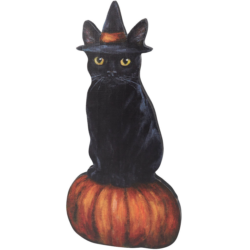Rustic Wooden Halloween Black Cat Porch Leaner