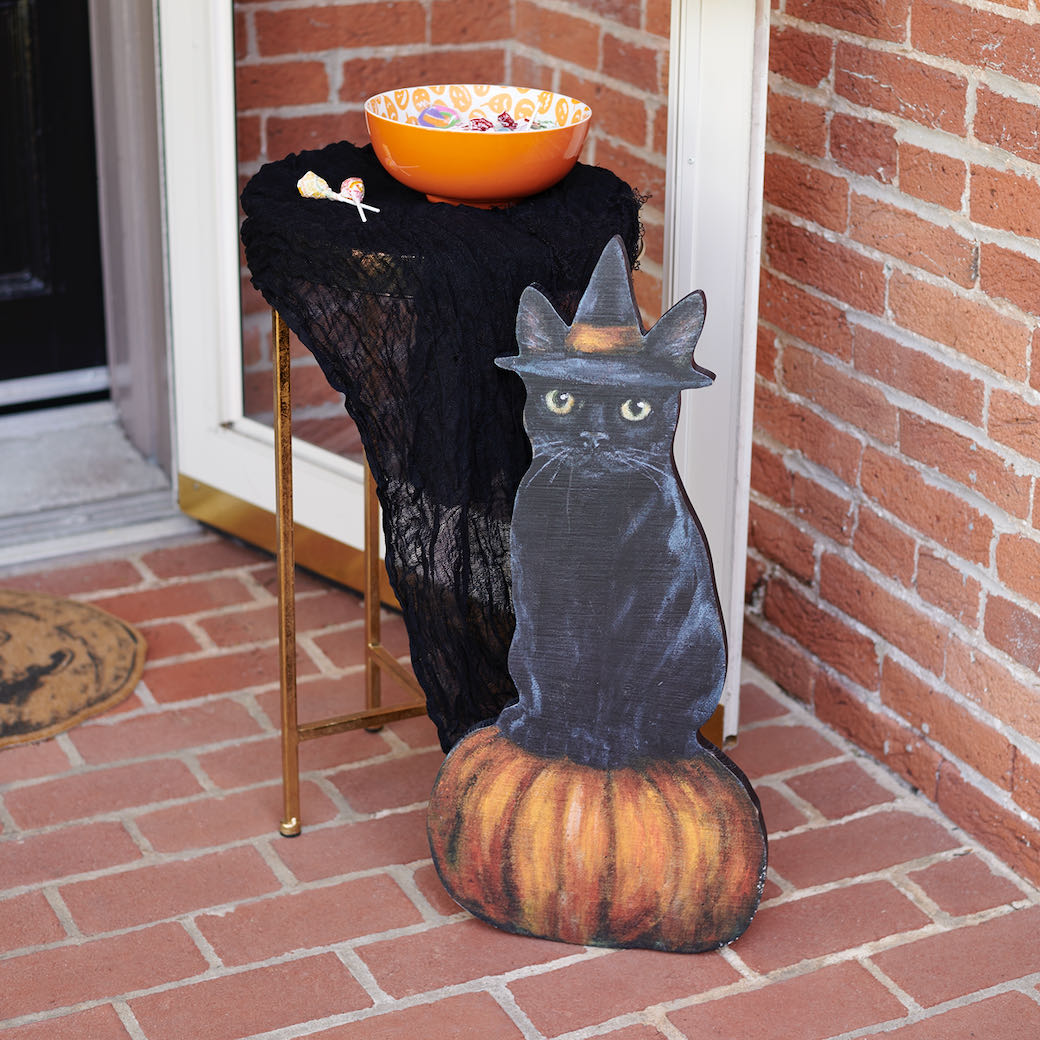 Rustic Wooden Halloween Black Cat Porch Leaner