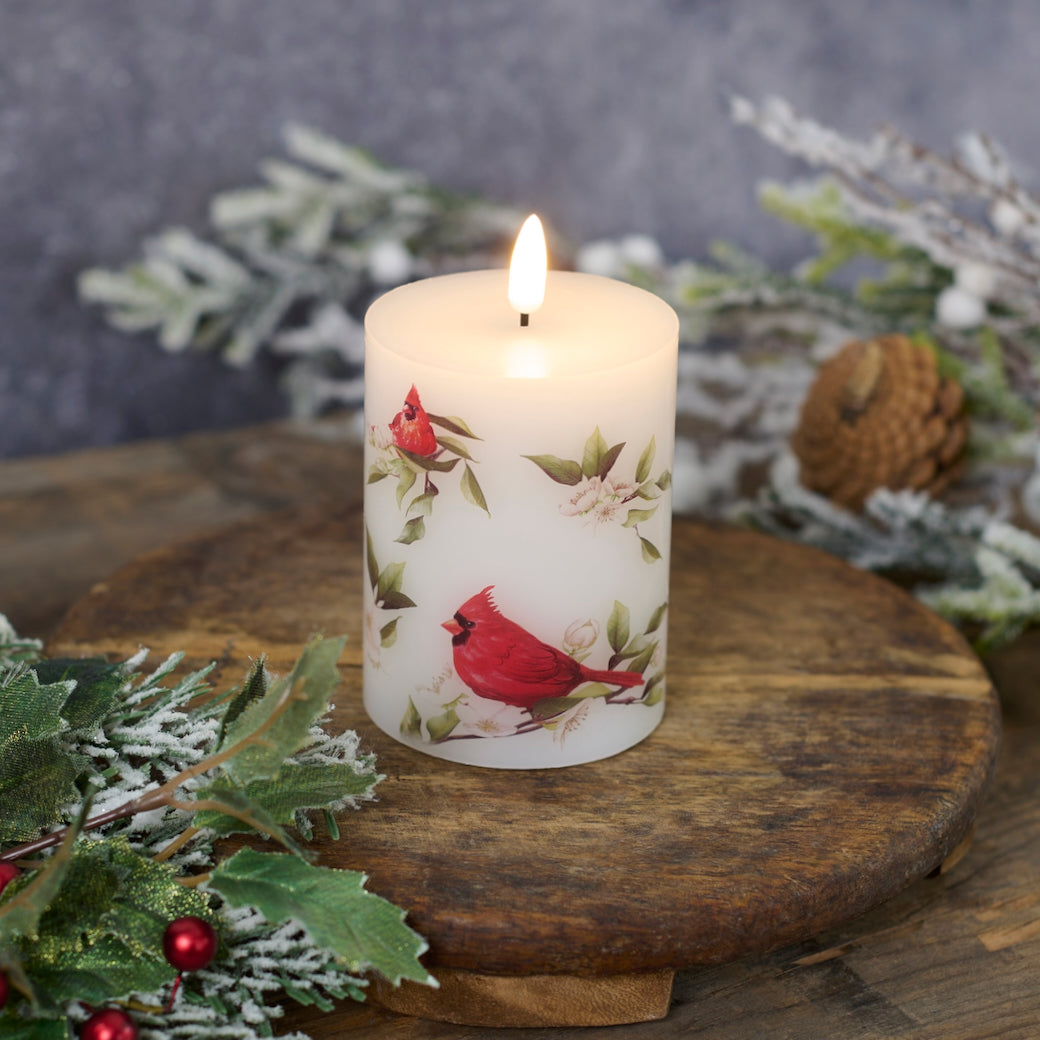 LED Battery Operated Pillar Candle w Cardinal Design