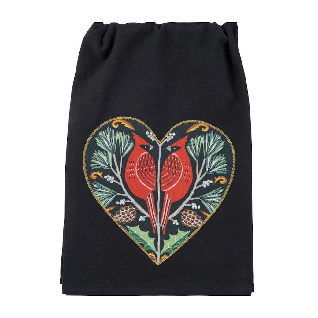 Holiday Kitchen Towel w Heart Applique & Red Cardinal