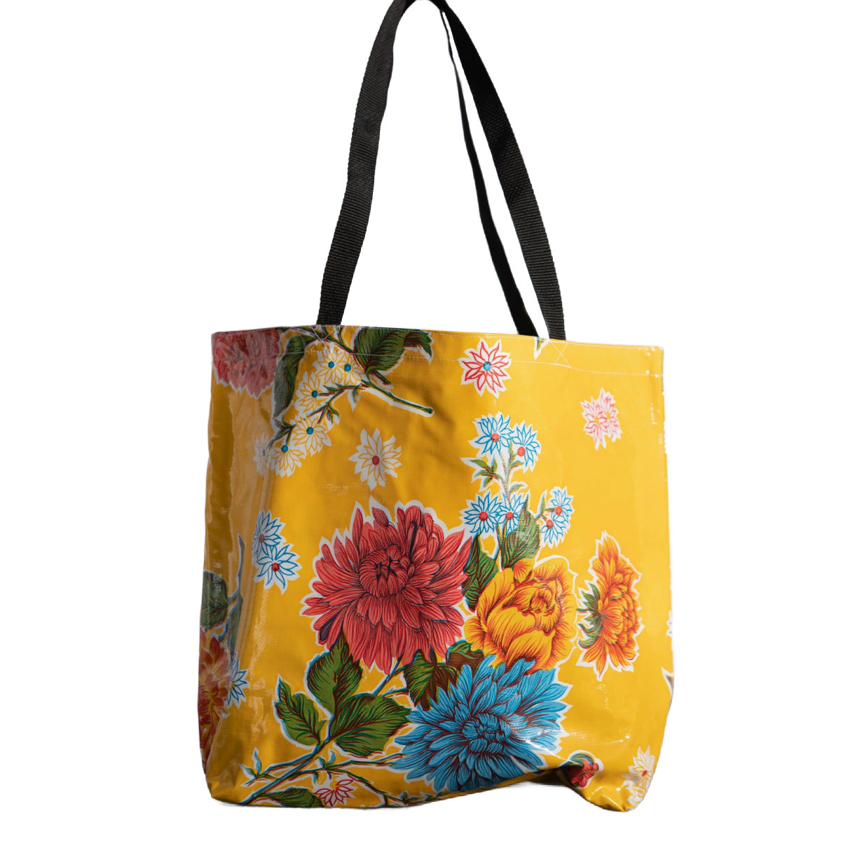 Hand-Sewn LG Oilcloth Market Tote Bag Colorful Mums on Yellow