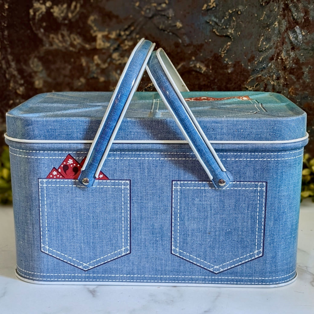 Vintage Metal Picnic Basket with Faux Denim & Bandana Pattern