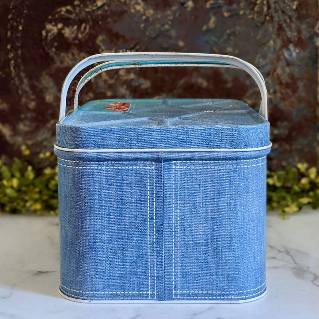 Vintage Metal Picnic Basket with Faux Denim & Bandana Pattern