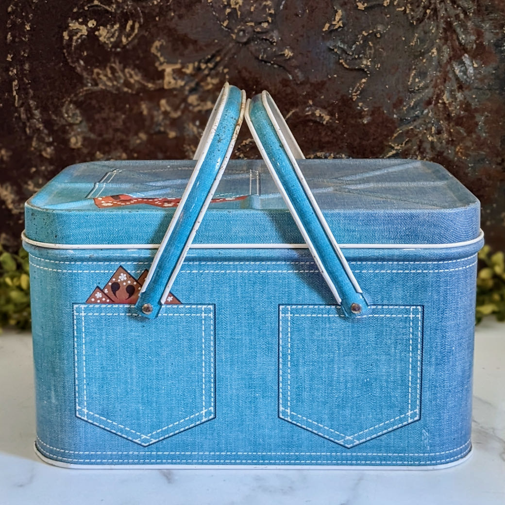 Vintage Metal Picnic Basket with Faux Denim & Bandana Pattern