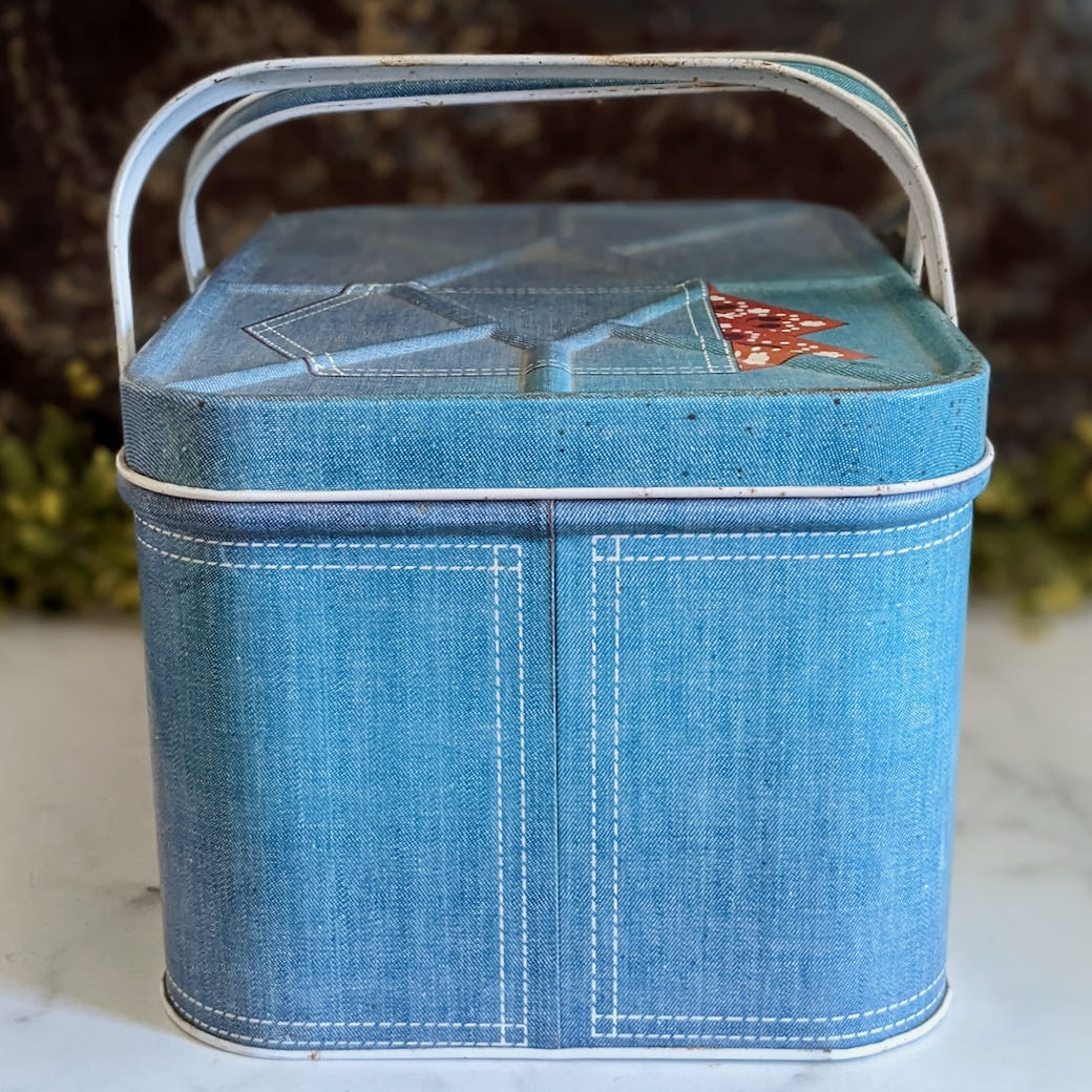 Vintage Metal Picnic Basket with Faux Denim & Bandana Pattern