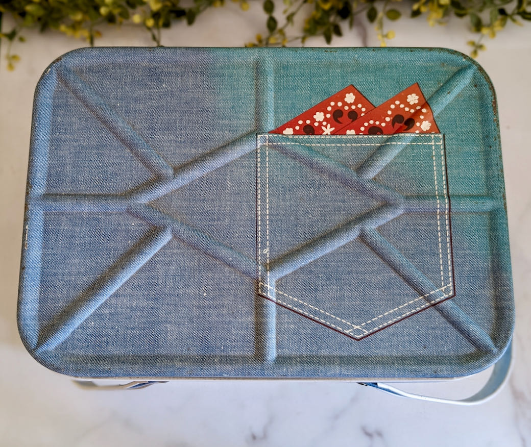 Vintage Metal Picnic Basket with Faux Denim & Bandana Pattern