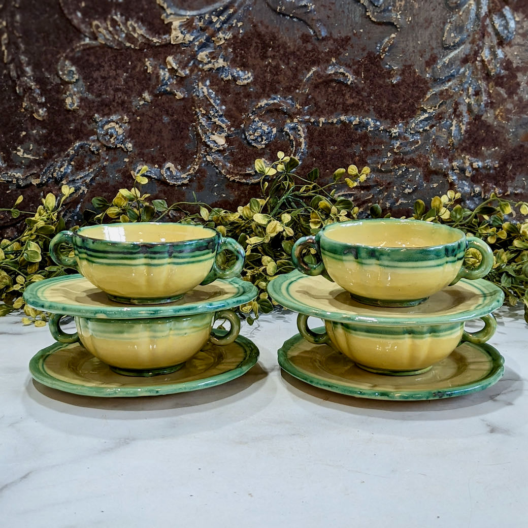 Set of Four Vintage Italian Deruta Cream Soup Bowls with Under Plates