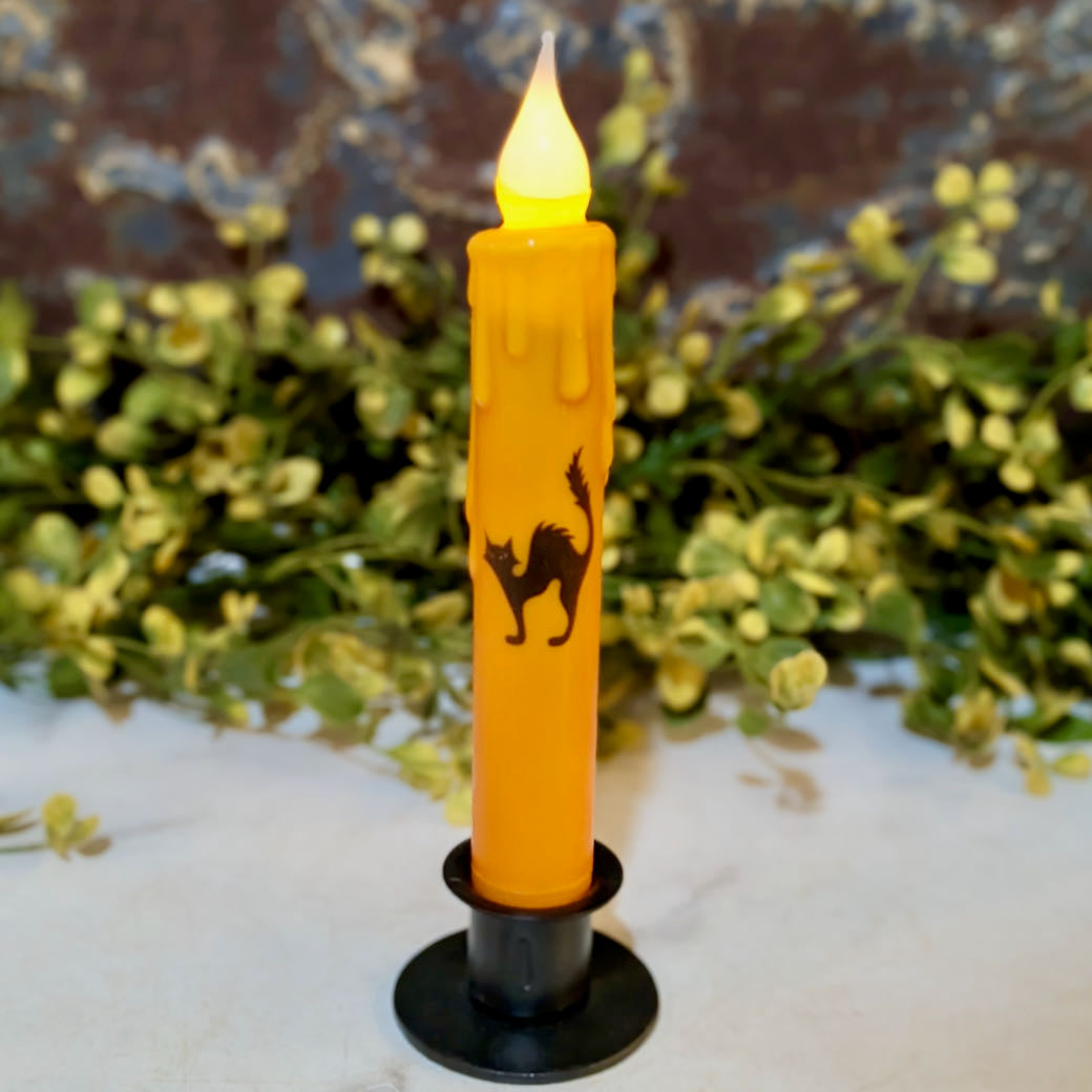 Orange Battery Operated LED Taper Candle with Black Cat