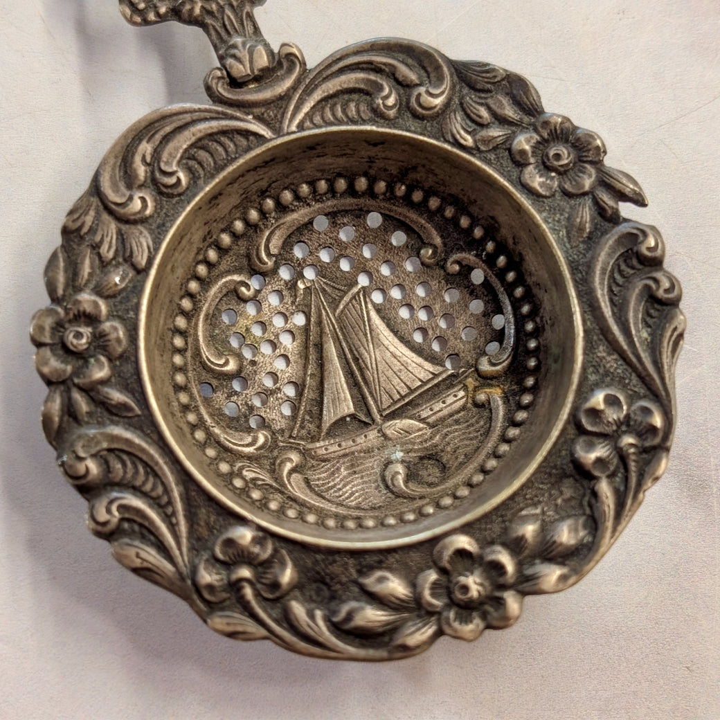 Fancy Vintage Silver Plate Tea Strainer with Maritime Images