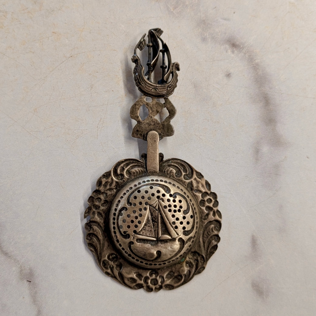 Fancy Vintage Silver Plate Tea Strainer with Maritime Images