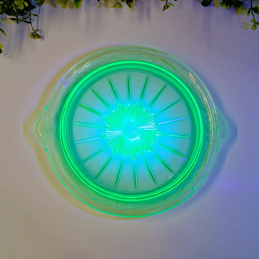 Vintage 1930s Uranium Glass Cake Plate Tendrils Pattern
