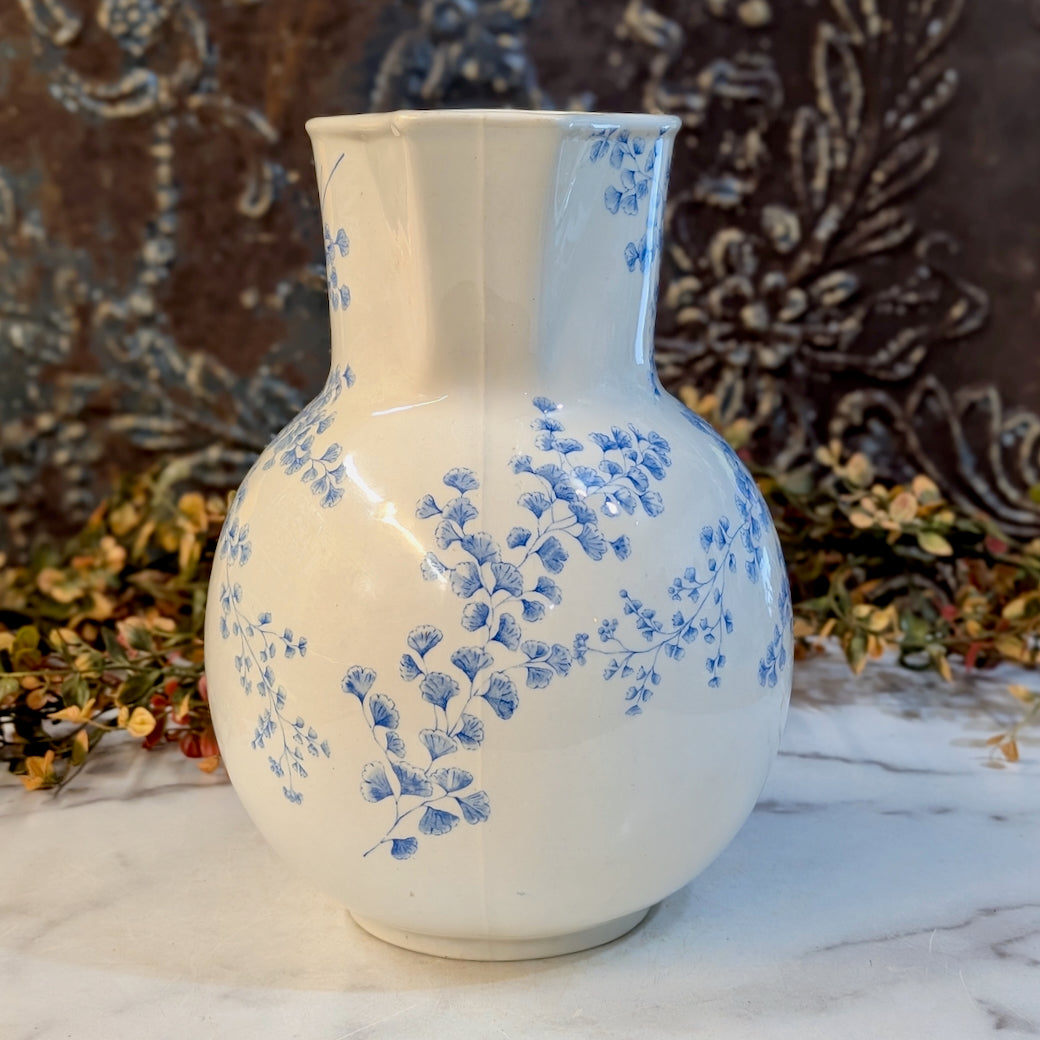 Large Antique English Ridgeways Blue Transfer Pitcher Maiden Hair Fern Pattern