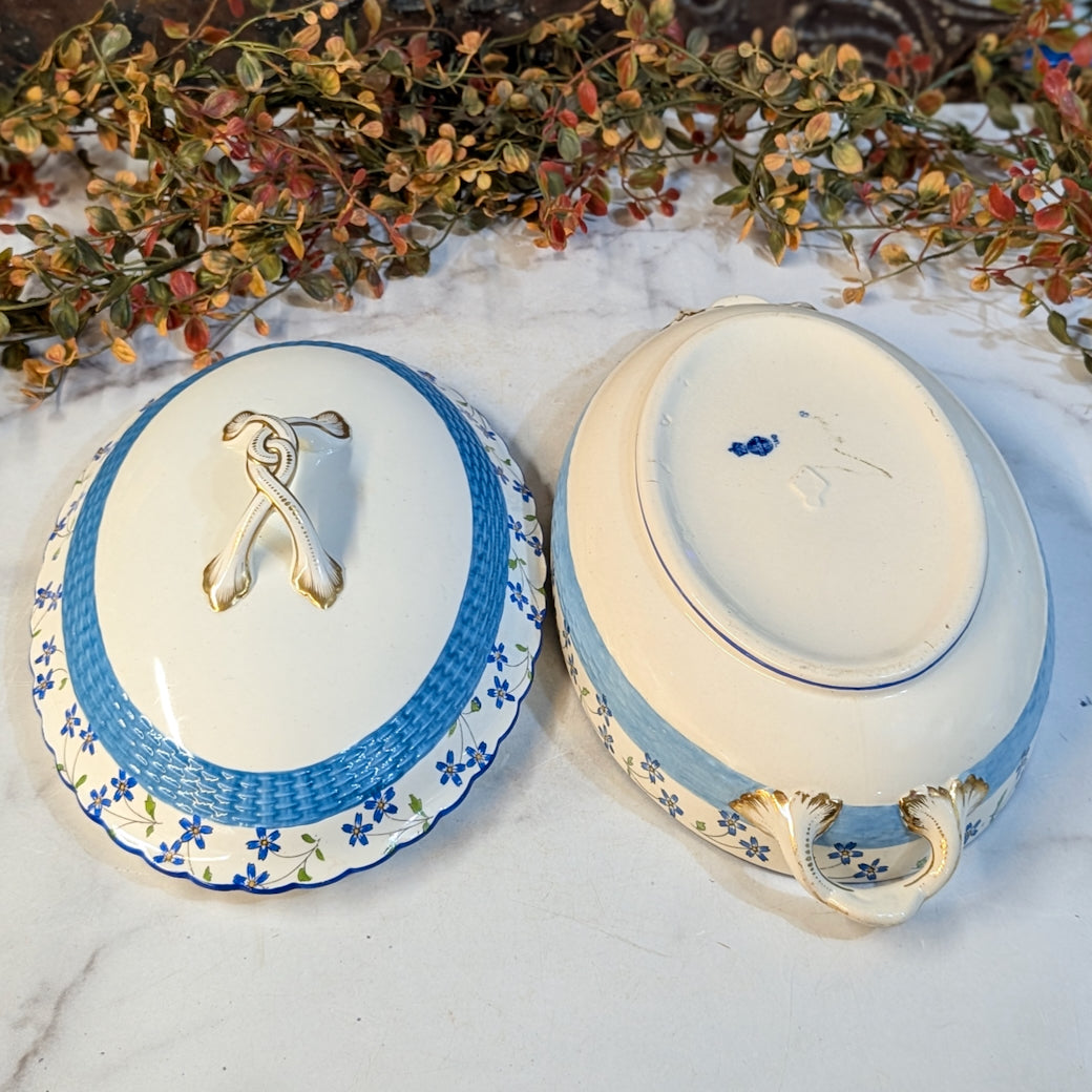 Antique English Minton Covered Serving Dish Forget-Me-Not Pattern
