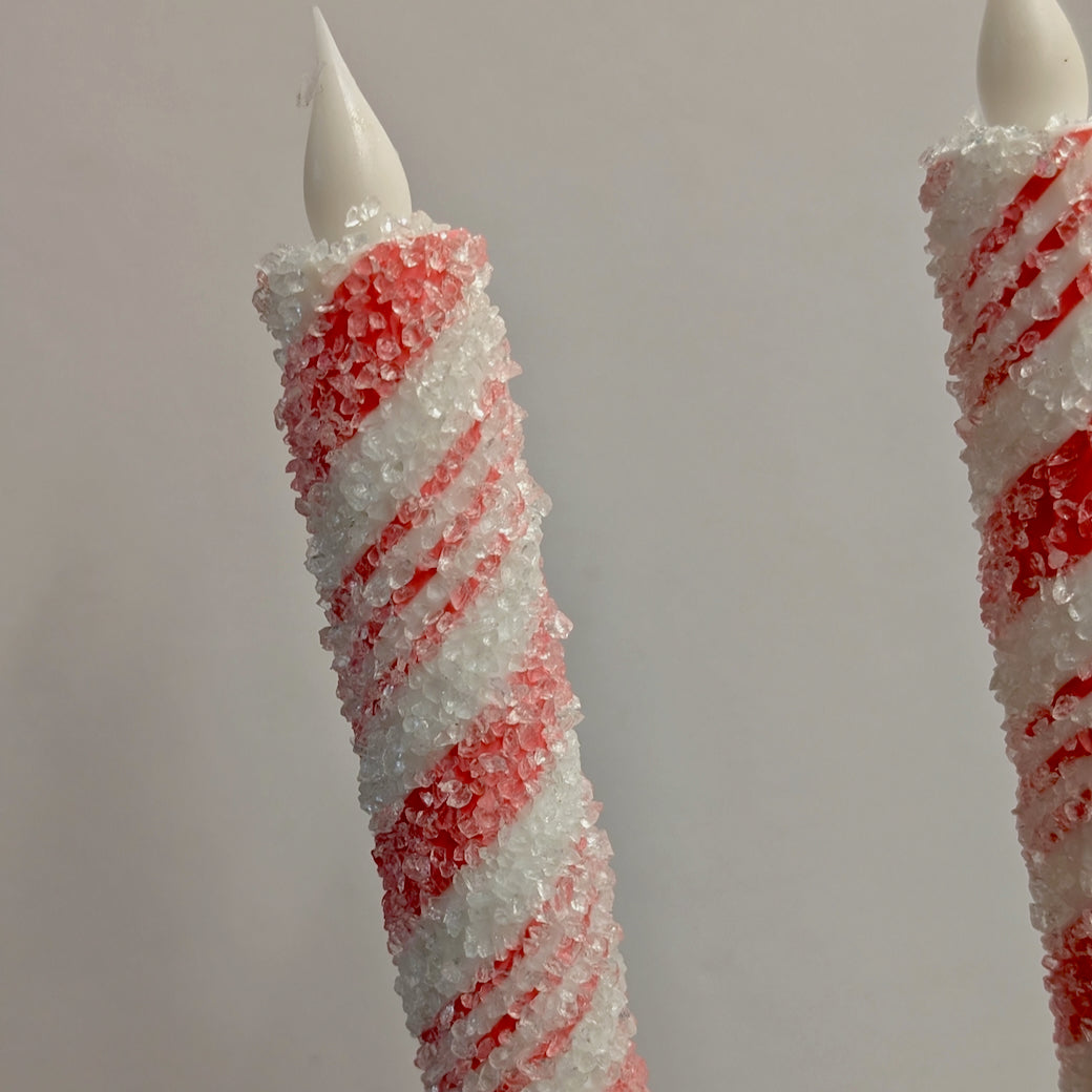 Pair of Flameless Pink Candy Cane Stripe LED Battery Operated Taper Candles