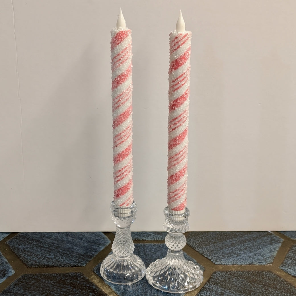 Pair of Flameless Pink Candy Cane Stripe LED Battery Operated Taper Candles