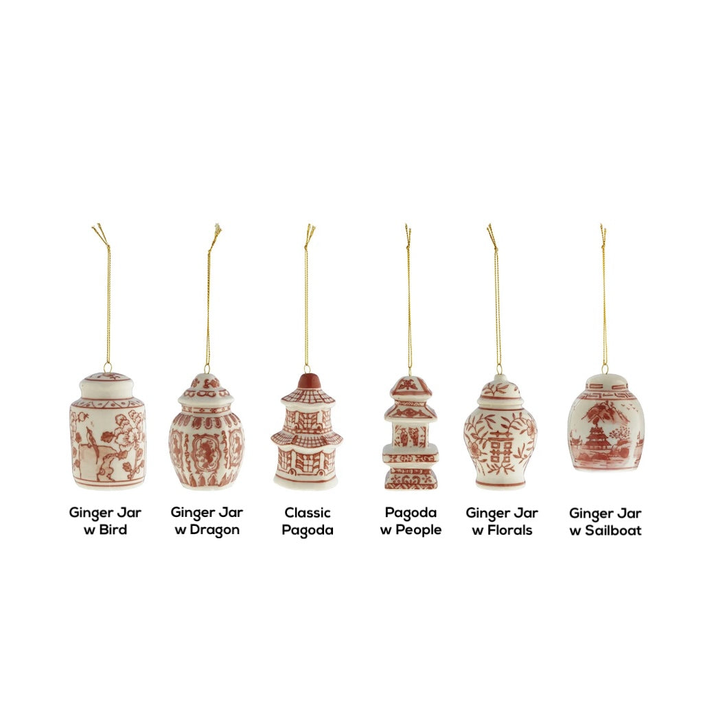 Burgundy & White Stoneware Ginger Jar Ornaments CHOICE of Six Styles