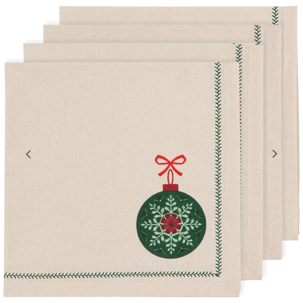 Set of Four Good Tidings Printed Christmas Ornament Cloth Napkins
