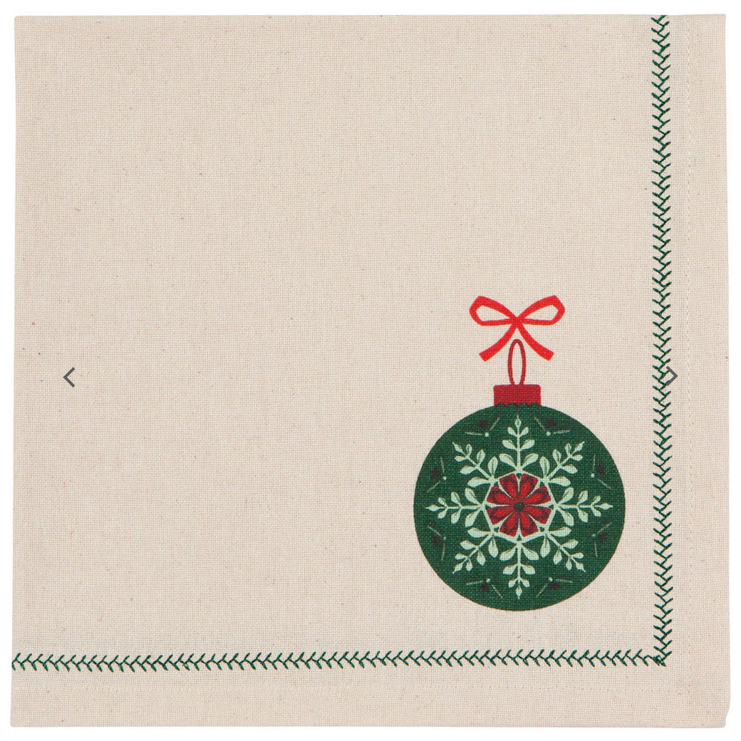 Set of Four Good Tidings Printed Christmas Ornament Cloth Napkins