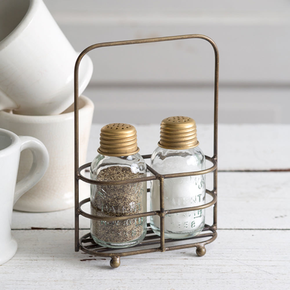 Salt & Pepper Shakers in Brass Finish Caddy
