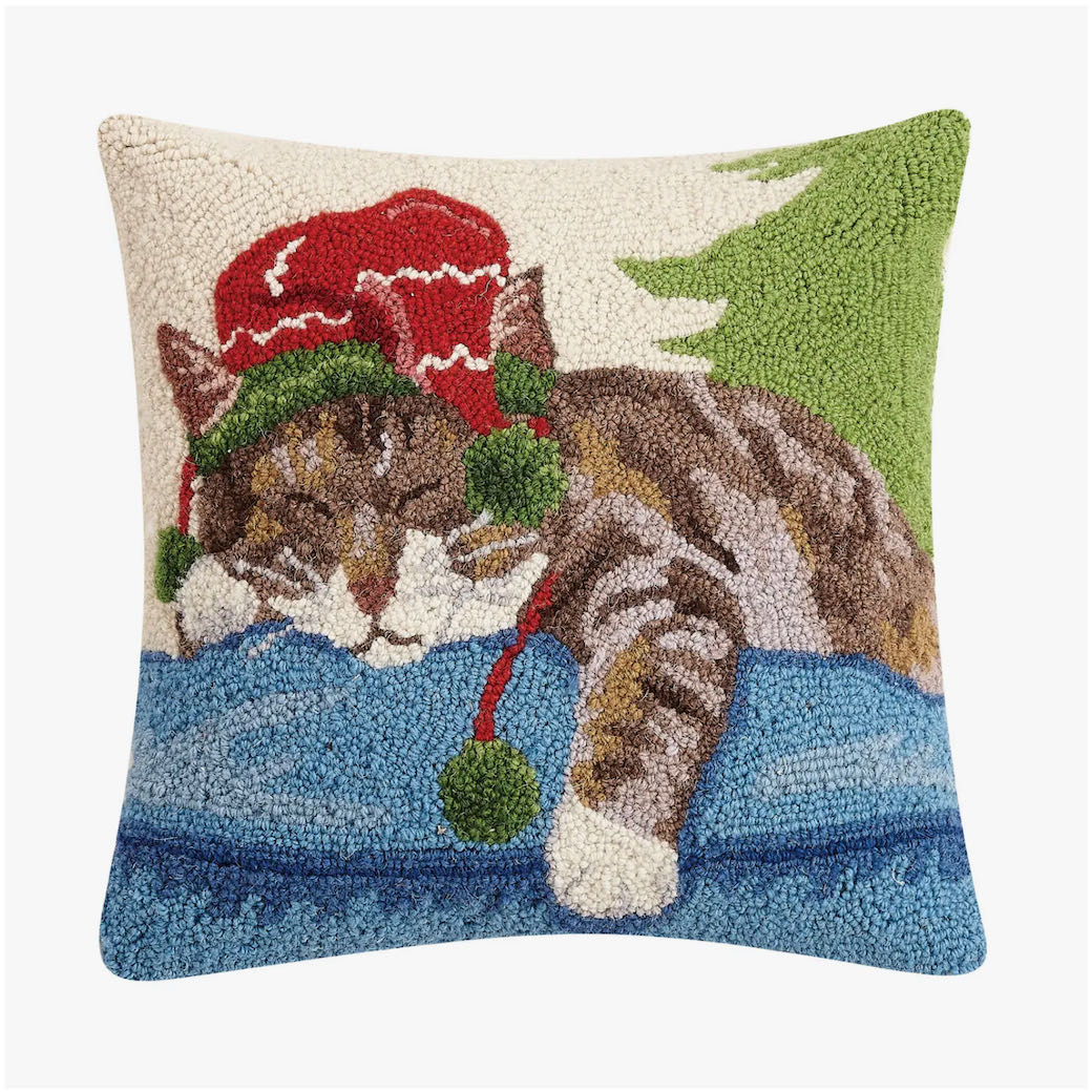 Napping Christmas Kitty Hooked Rug Pillow