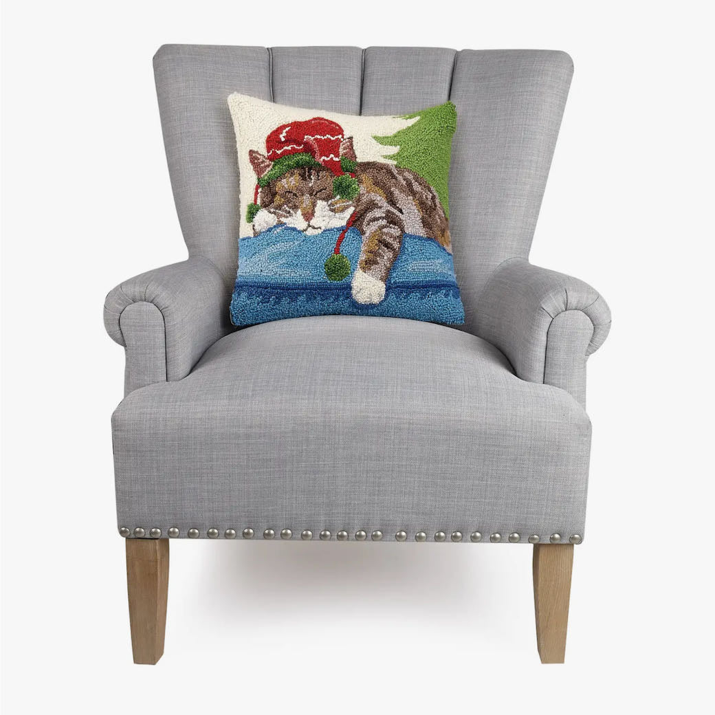 Napping Christmas Kitty Hooked Rug Pillow