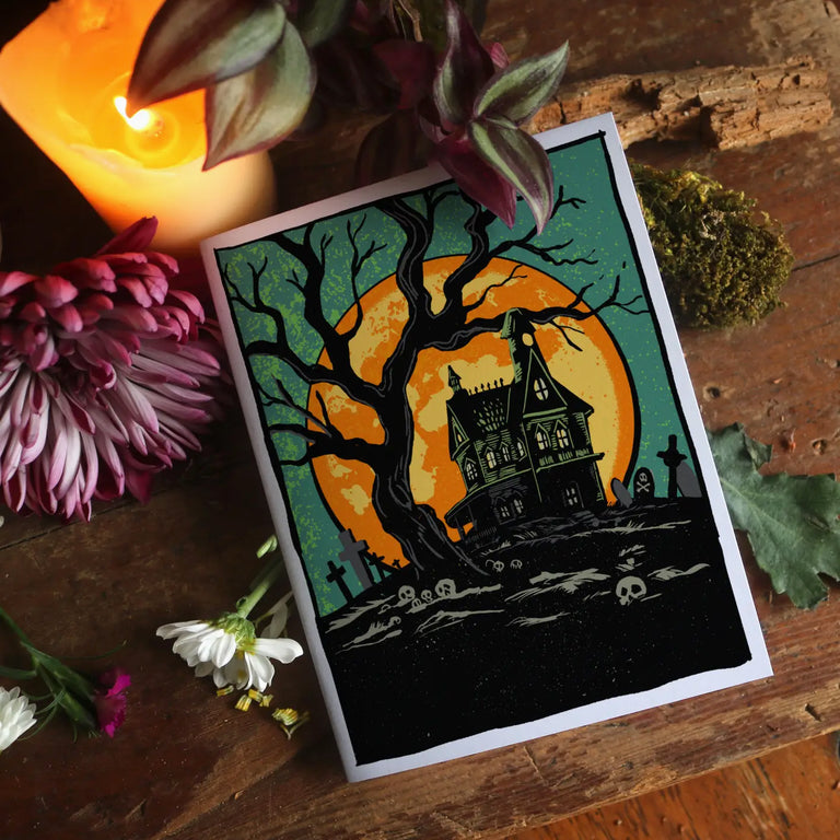 Retro-Style Haunted House Halloween Note Card