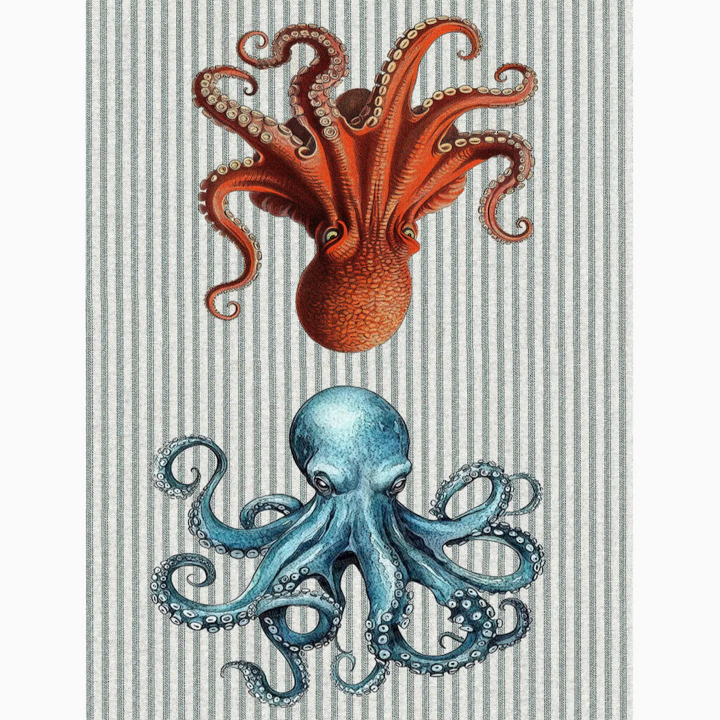 Octopus Flour Sack Towel on Gray Ticking Stripe