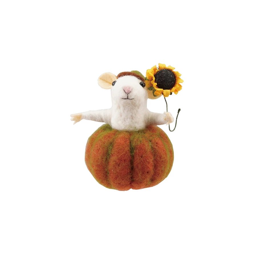 Adorable Wool Felt Mouse Critter in a Pumpkin w Sunflower - Marmalade Mercantile