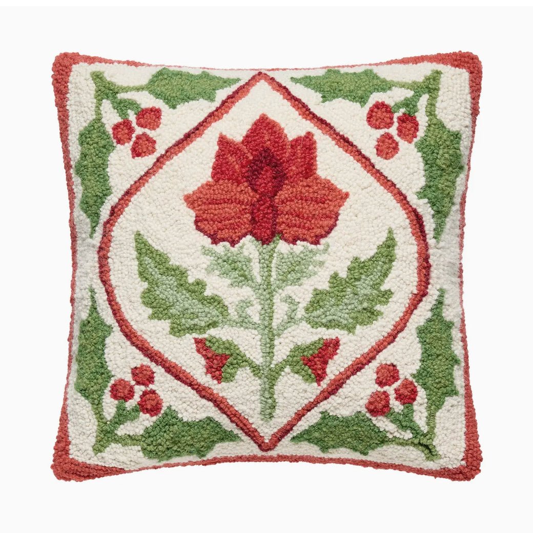 Amaryllis Flower with Holly Hooked Rug Holiday Pillow - Marmalade Mercantile