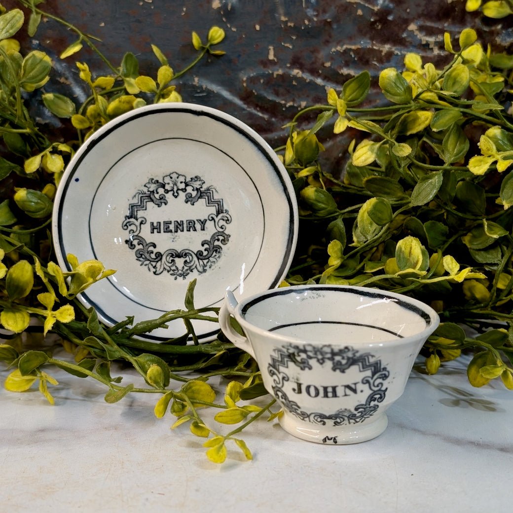 Antique Child’s Transferware Name Cup & Saucer “Henry” & “John” - Marmalade Mercantile