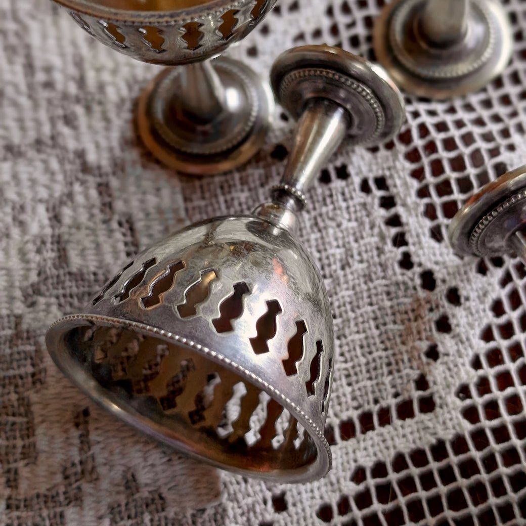 Antique Silver Plated Egg Cruet Set w Spoons - Marmalade Mercantile