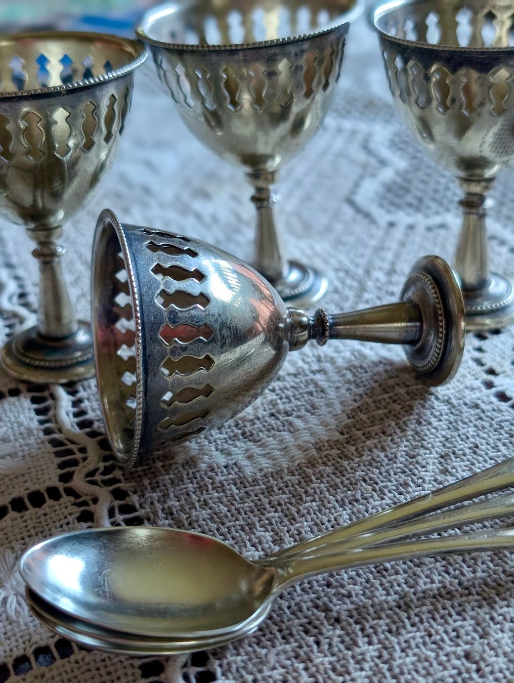 Antique Silver Plated Egg Cruet Set w Spoons - Marmalade Mercantile