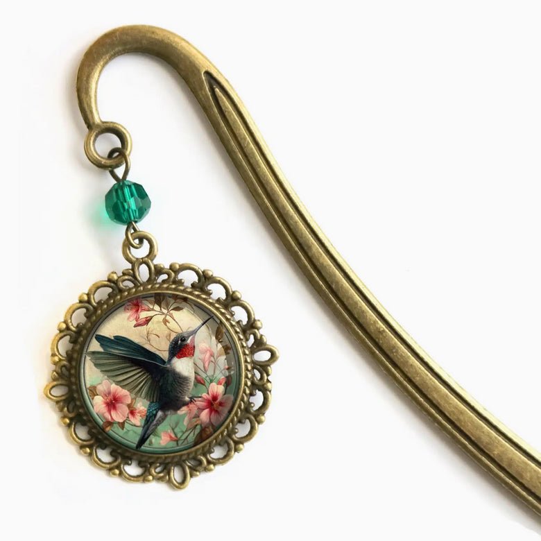 Art Nouveau Hummingbird Glass Cabochon Bronze Bookmark - Marmalade Mercantile