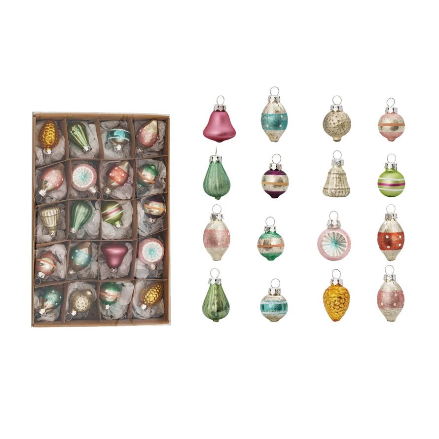 Boxed Set of 20 Petite Vintage - Style Hand - Painted Pastel Christmas Ornaments - Marmalade Mercantile