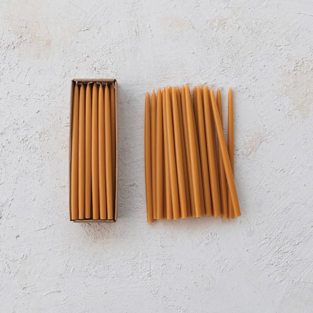 Boxed Set of 24 Half - Inch Unscented Thin Taper Candles Caramel Color - Marmalade Mercantile