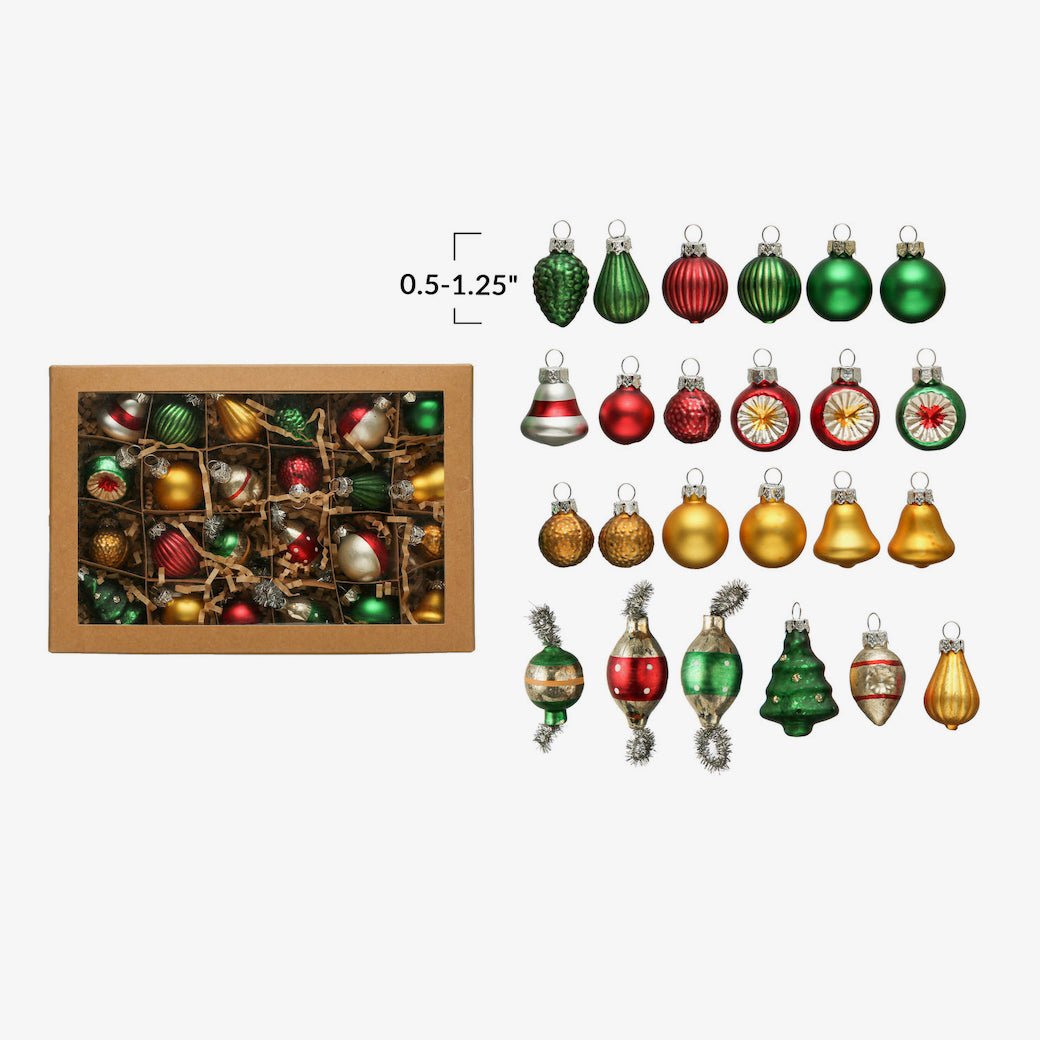 Boxed Set of 24 Petite Vintage - Style Glittered Glass Christmas Ornaments Red, Green, Gold - Marmalade Mercantile