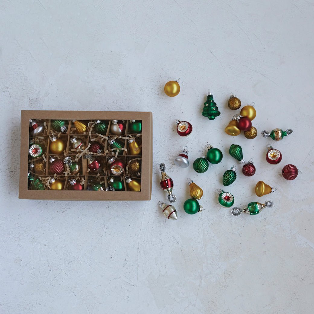 Boxed Set of 24 Petite Vintage - Style Glittered Glass Christmas Ornaments Red, Green, Gold - Marmalade Mercantile