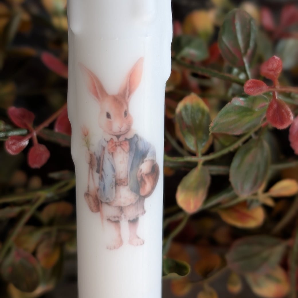 Brown Easter Bunny w Blue Coat LED Battery Taper Candle - Marmalade Mercantile