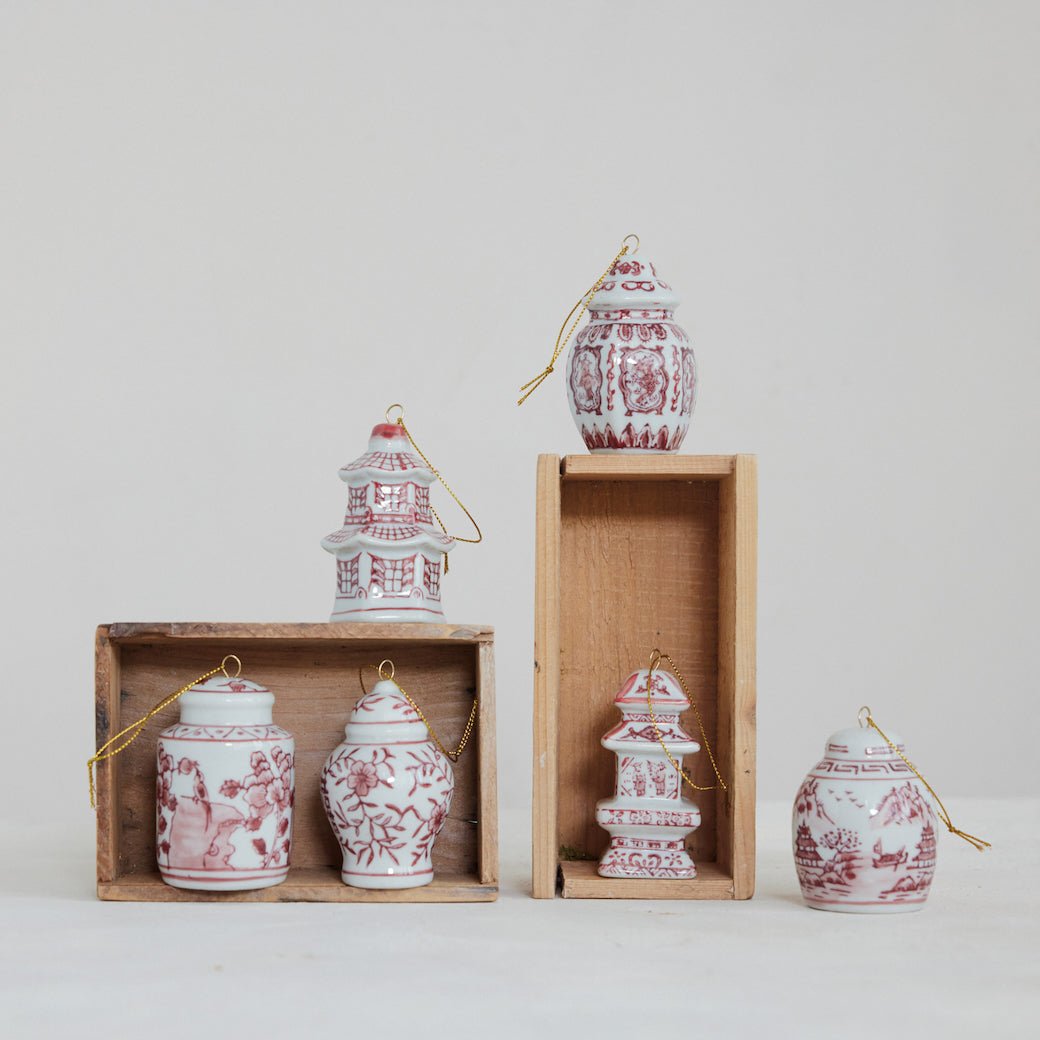 Burgundy & White Stoneware Ginger Jar Ornaments CHOICE of Six Styles - Marmalade Mercantile