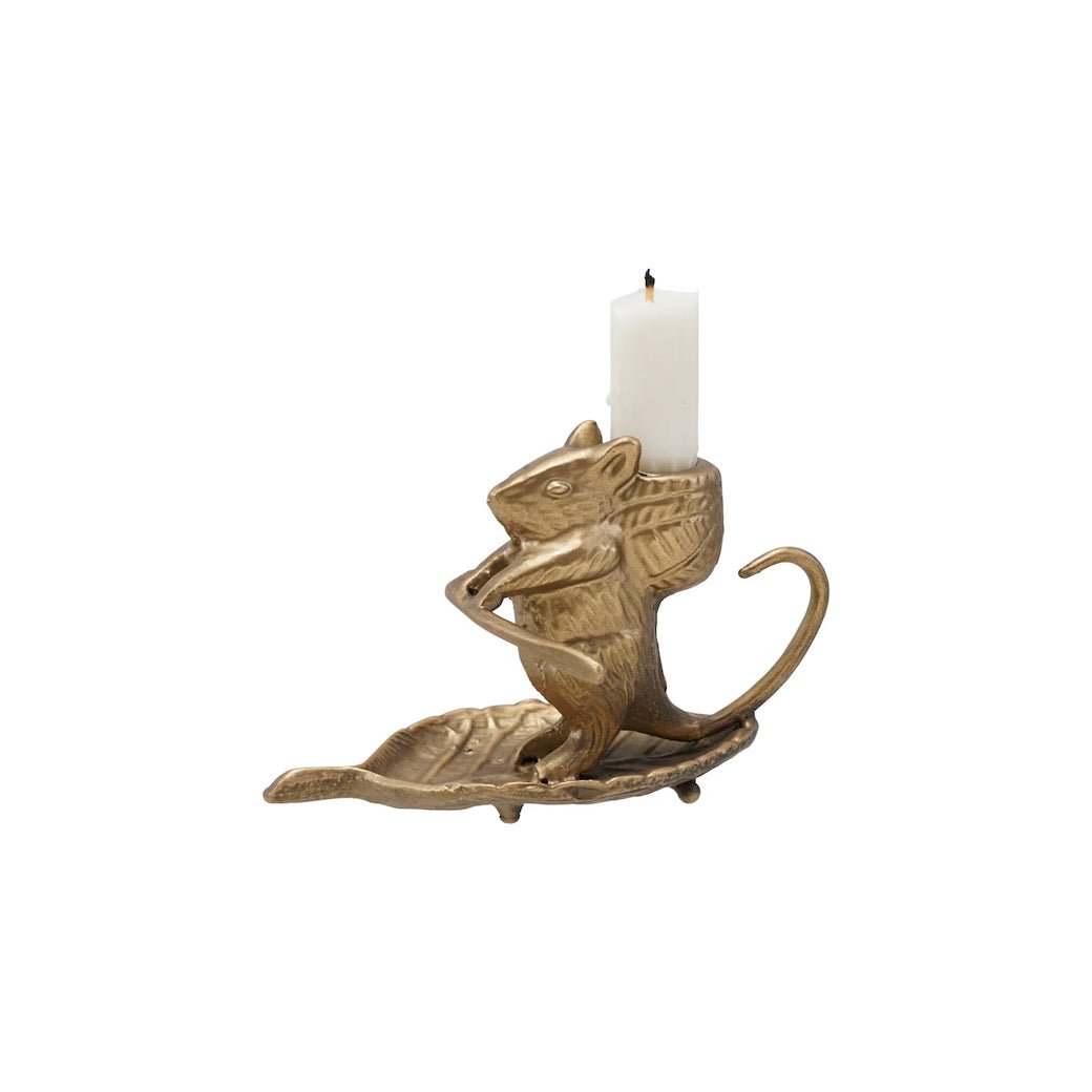 Cast Metal Taper Holder with Mouse on Leaf - Marmalade Mercantile