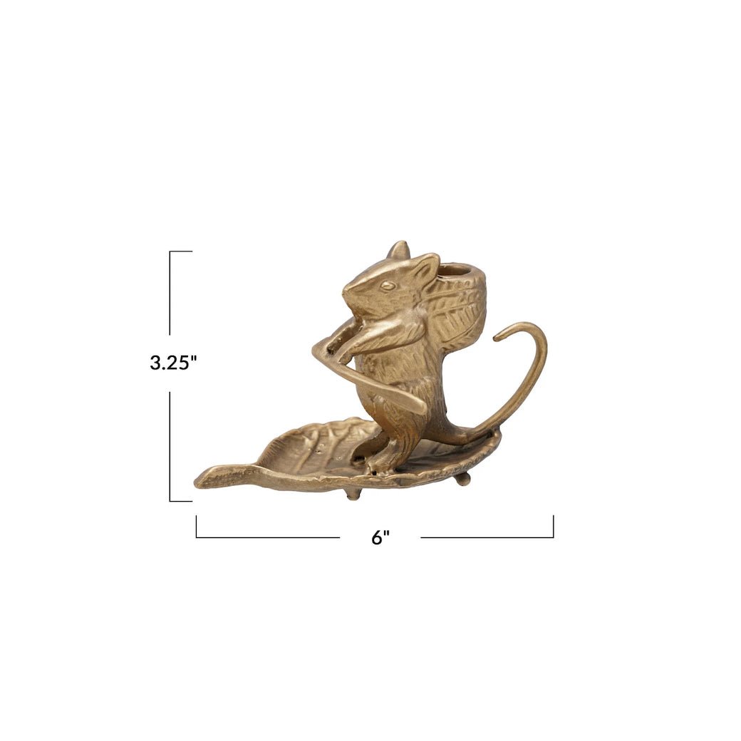 Cast Metal Taper Holder with Mouse on Leaf - Marmalade Mercantile