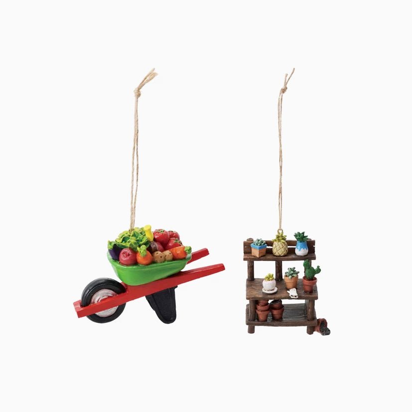 Cast Resin Garden Christmas Ornaments CHOOSE Wheelbarrow or Potting Bench - Marmalade Mercantile