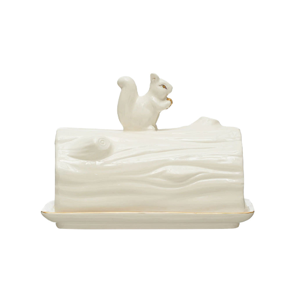 Stoneware Log Butter Dish w Squirrel & Gold Electroplating