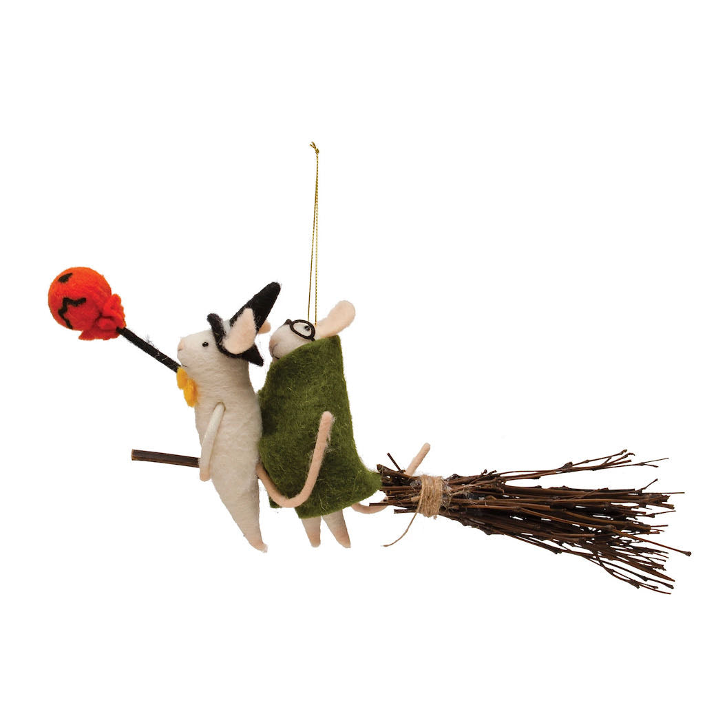 Two Wool Felt Mice on Witches Broom Halloween Ornament
