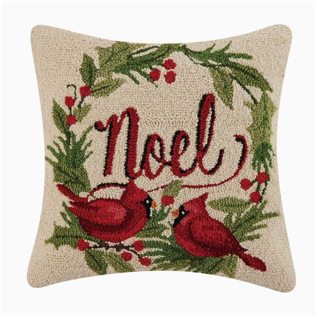 Christmas Cardinals Noel Hooked Rug Pillow - Marmalade Mercantile
