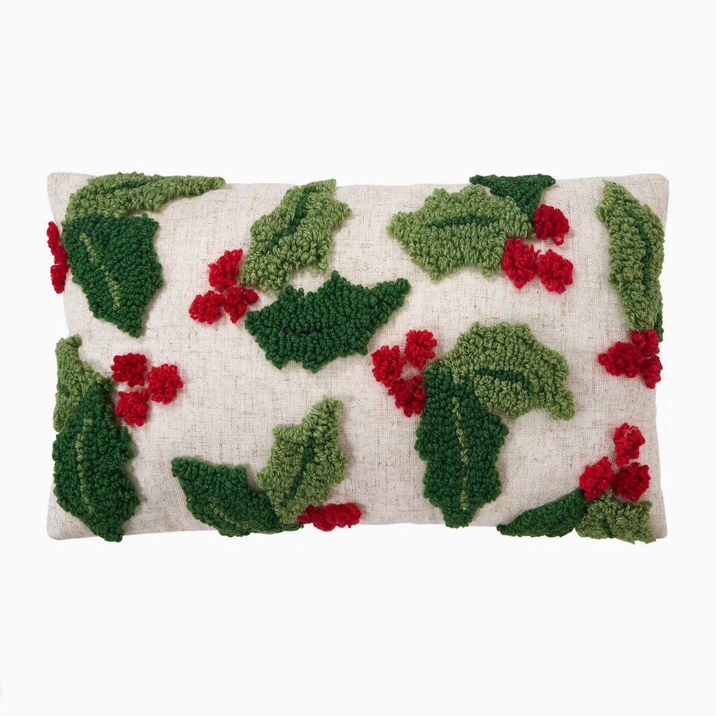 Christmas Pillow w Tufted Wool Holly w Red Berries - Marmalade Mercantile