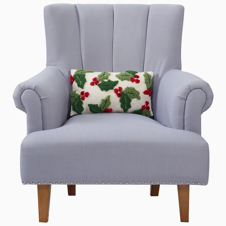 Christmas Pillow w Tufted Wool Holly w Red Berries - Marmalade Mercantile