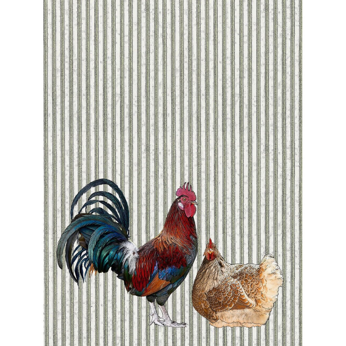 Colorful Hen & Rooster Flour Sack Towel w Ticking Stripe - Marmalade Mercantile