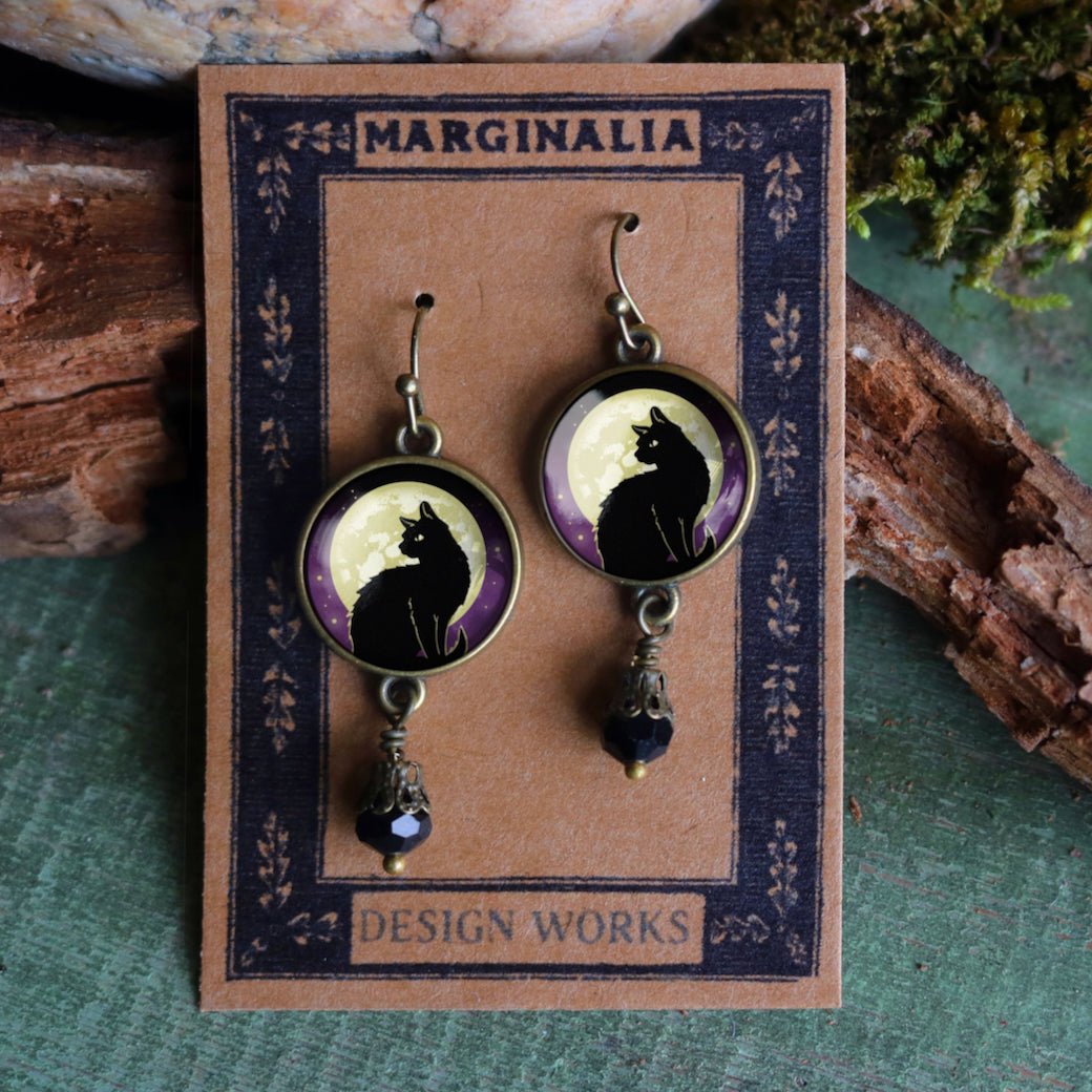 Cottage Core Halloween Black Cat and Full Moon Earrings - Marmalade Mercantile