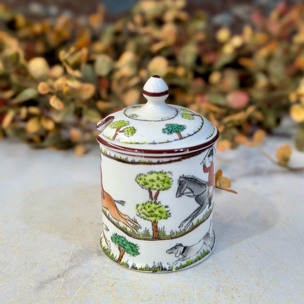Crown Staffordshire Jam or Mustard Pot with Hunting Scene - Marmalade Mercantile